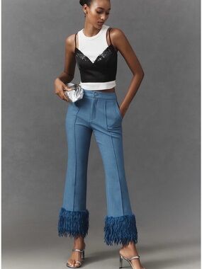 Anthropologie Maeve Cuffed Plush Cropped Party Pants Blue Feather Trim